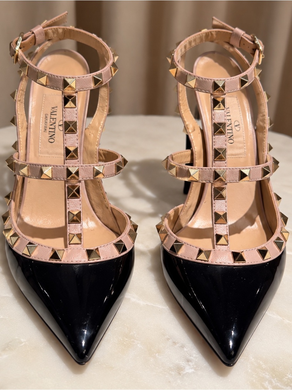 Valentino Black Patent & Blush Pink Rockstud T-Strap Pointed Pumps